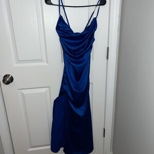 Small royal blue satin dress with leg slit